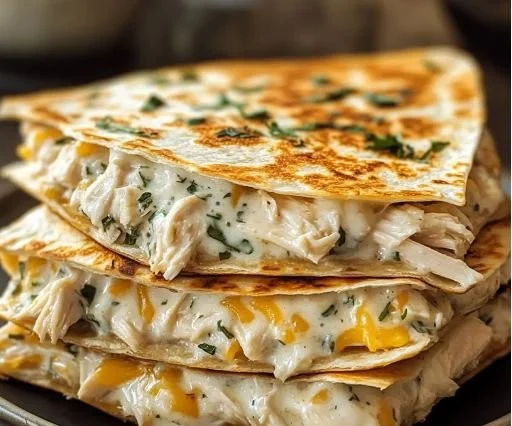 High-protein chicken ranch quesadilla on a plate with fresh ingredients