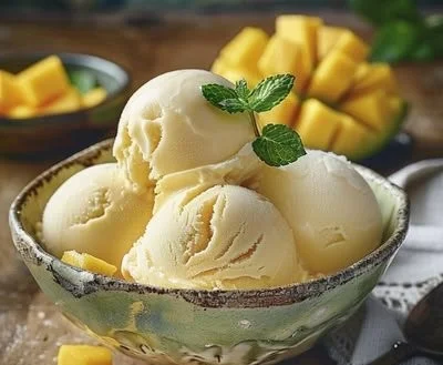 Delicious homemade mango ice cream served in a bowl with fresh mango slices