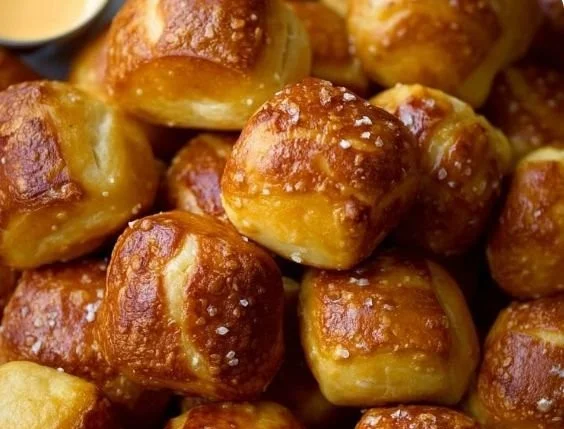 Homemade soft pretzel bites on a wooden table with a dipping sauce