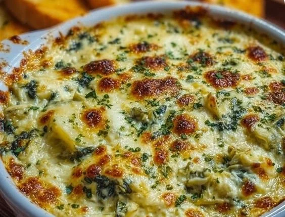 Homemade spinach artichoke dip served in a bowl with chips