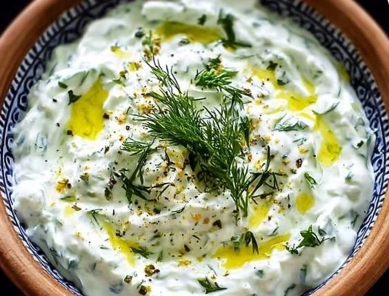 Bowl of homemade tzatziki sauce with fresh cucumbers and herbs