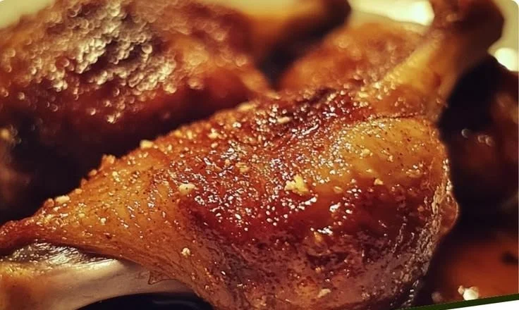 Honey ginger roast duck legs served with vegetables on a plate