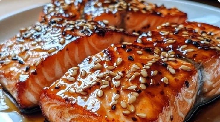 Honey soy glazed salmon with sesame garnish on a plate