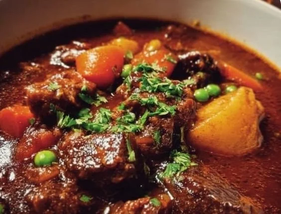 Hearty Ina Garten beef stew served in a bowl with vegetables and herbs