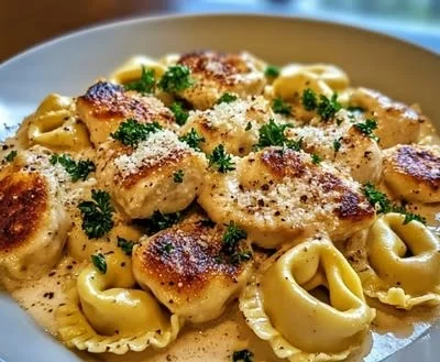 Creamy garlic parmesan chicken tortellini in a bowl with herbs