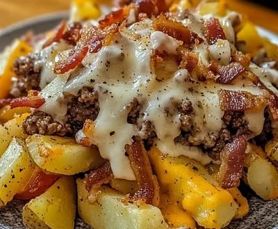 Crispy bacon burger fries supreme served on a plate
