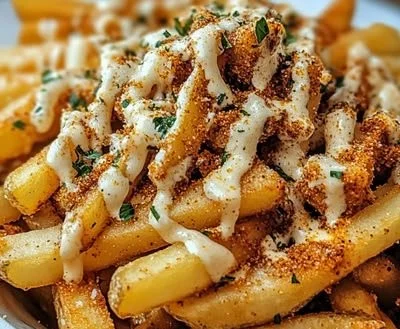 Delicious Louisiana Voodoo Fries topped with spices and sauces.