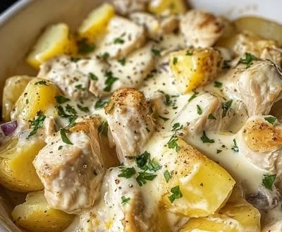 Creamy garlic cheesy chicken served with potatoes on a plate