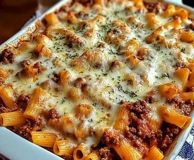 Delicious Million Dollar Baked Ziti topped with melted cheese and fresh herbs.