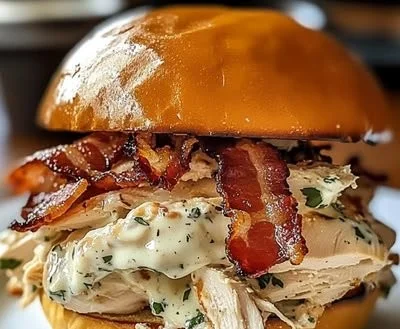 Slow Cooker Chicken Bacon Ranch Sandwiches served on a plate with garnish