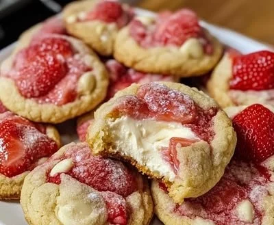 Gorgeous strawberry cheesecake cookies on a plate, garnished with fresh strawberries.