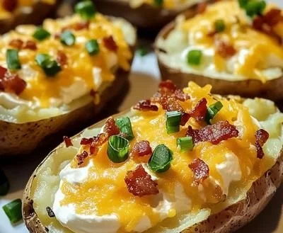 Deliciously cheesy twice baked potatoes topped with herbs and spices