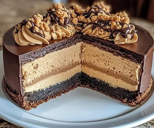 Delicious chocolate peanut butter cheesecake garnished with chocolate sauce