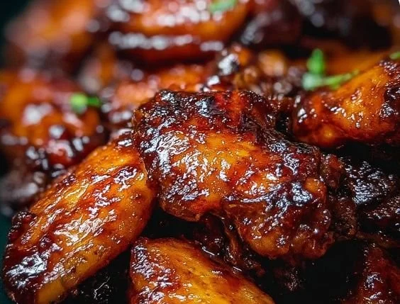 Delicious Honey BBQ Wings coated in sticky glaze on a platter.