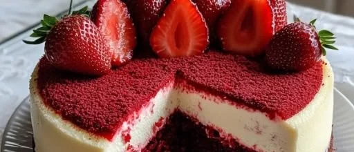 Irresistible red velvet strawberry cheesecake dessert on a white plate