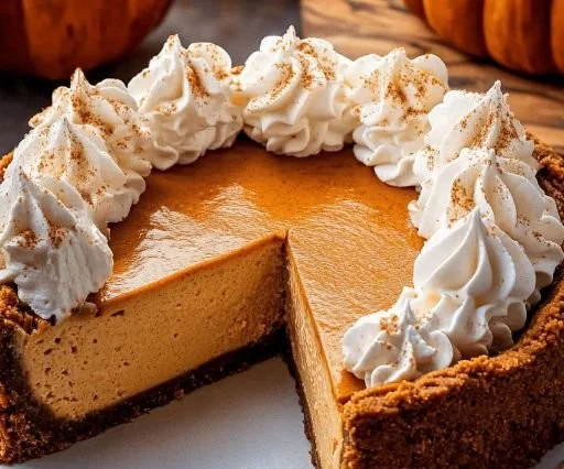 Creamy pumpkin cheesecake topped with whipped cream and fall spices
