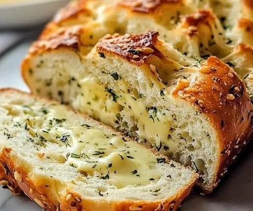 Loaf of homemade Italian herb cheese bread with fresh herbs and melted cheese
