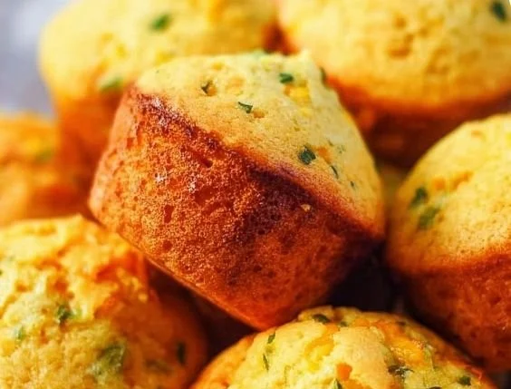 Freshly baked Jalapeño Cheddar Cornbread Muffins on a wooden table