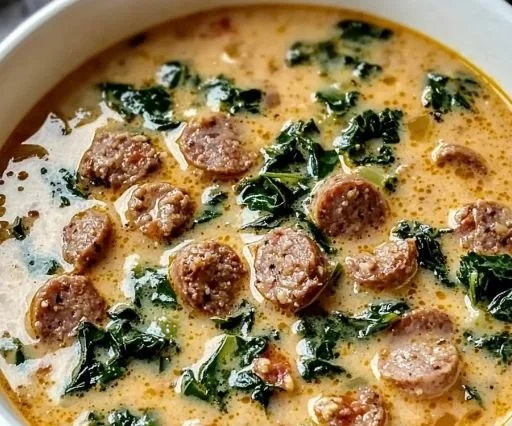 Bowl of Keto Tuscan Sausage Soup topped with fresh herbs and cream.