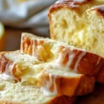 Loaf of homemade Lemon Cream Cheese Bread on a wooden cutting board