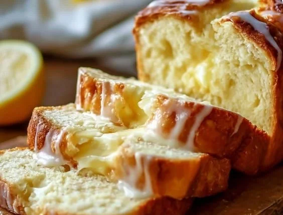 Loaf of homemade Lemon Cream Cheese Bread on a wooden cutting board