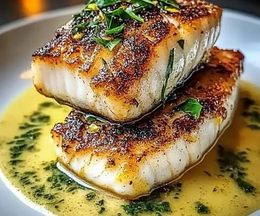 Lemon Garlic Butter Cod with crispy skin served on a plate
