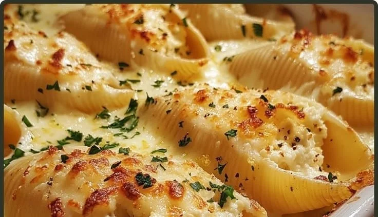 Lemon Ricotta Stuffed Shells with creamy filling and zest garnish on a plate.