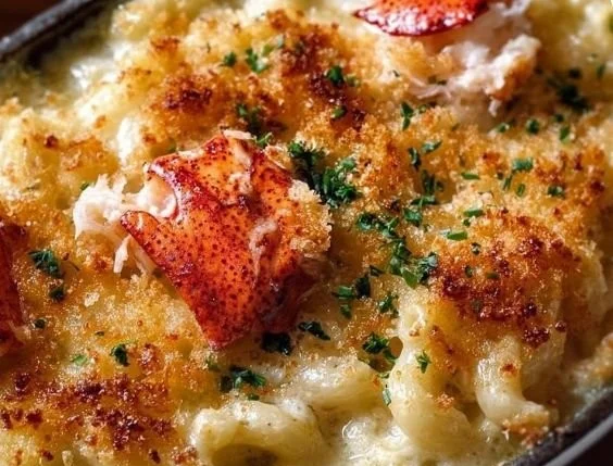 Delicious Lobster Mac and Cheese topped with breadcrumbs and herbs
