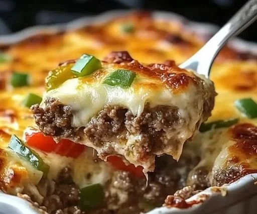 Low Carb Philly Cheesesteak Casserole ready to serve, comfort food in a dish.