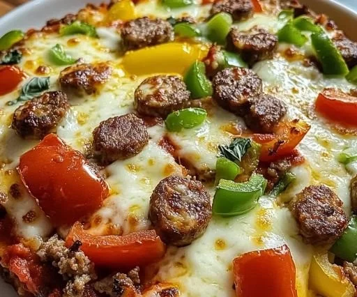 Delicious low carb pizza casserole served on a plate with cheese and toppings