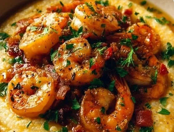 A delicious plate of Lowcountry shrimp and grits topped with shrimp and herbs.