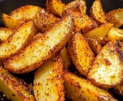 Crispy air fryer potato wedges served on a plate with dipping sauce.