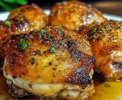 Crispy baked chicken thighs served on a plate with herbs and vegetables
