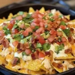 Loaded bacon ranch chicken nachos skillet, perfect for game day celebrations.