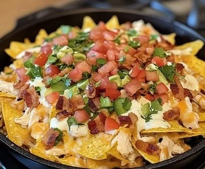 Loaded bacon ranch chicken nachos skillet, perfect for game day celebrations.