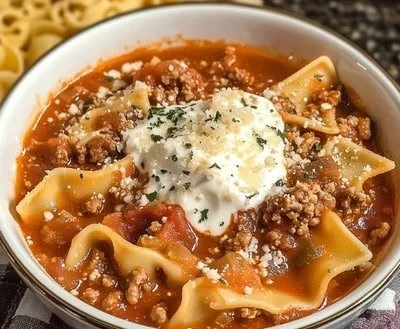 Bowl of delicious crockpot lasagna soup topped with cheese and herbs