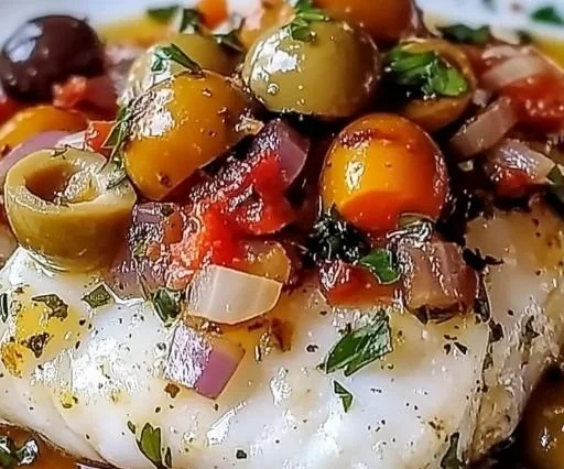 Mediterranean baked cod with olives on a plate, garnished and ready to serve