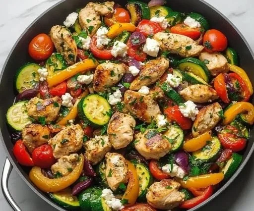 Quick and healthy Mediterranean Chicken stir fry served in a colorful, one-pan meal.
