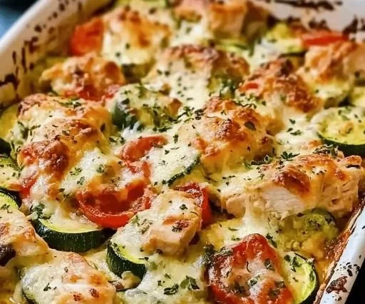 Mediterranean Chicken Zucchini Bake dish with vibrant vegetables and herbs
