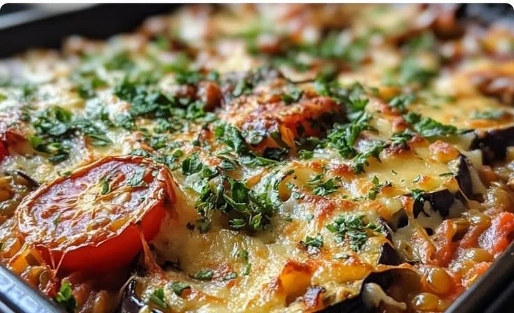 Mediterranean Lentil and Eggplant Bake served in a dish