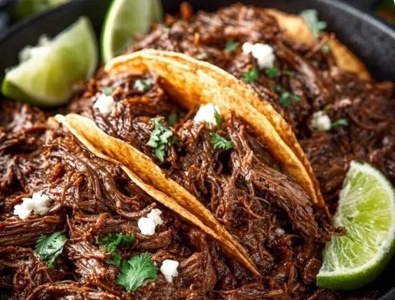 Delicious Mexican shredded beef prepared for tacos with fresh toppings