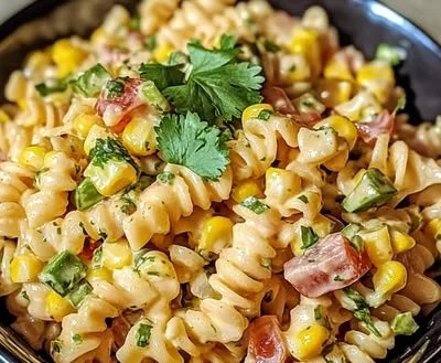Colorful bowl of Mexican Street Corn Pasta Salad with fresh ingredients