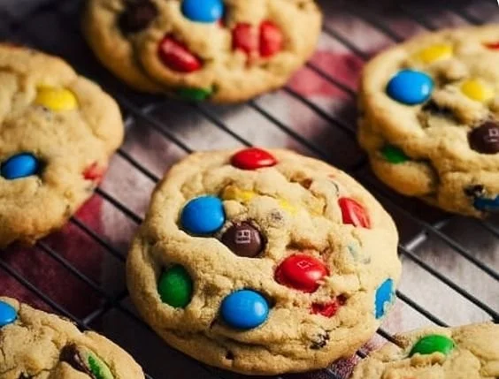 Delicious homemade M&M cookies with colorful candies