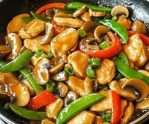 Colorful Moo Goo Gai Pan stir-fry with chicken and vegetables