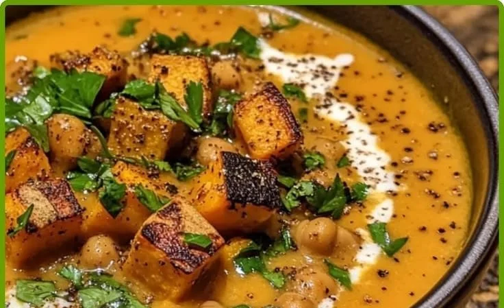Bowl of Moroccan-Spiced Sweet Potato and Chickpea Soup topped with herbs