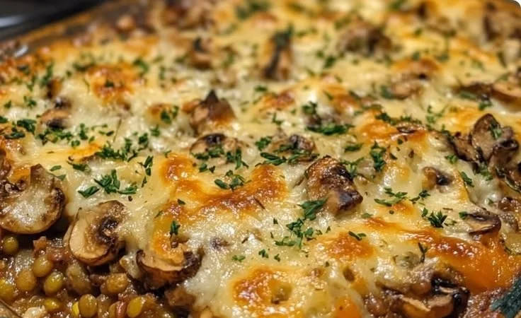 Mushroom Lentil Shepherd-Style Bake served in a dish with herbs