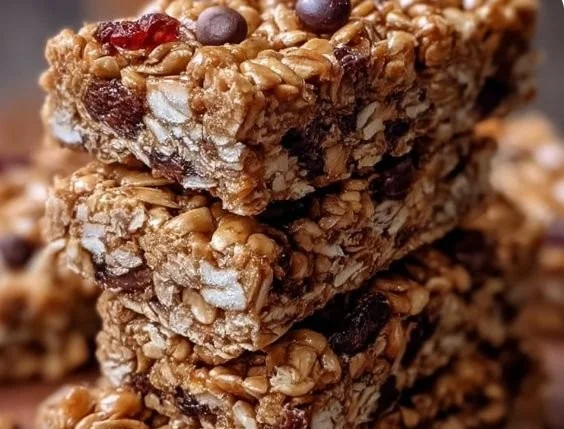 No bake granola bars with nuts and dried fruits on a wooden serving board