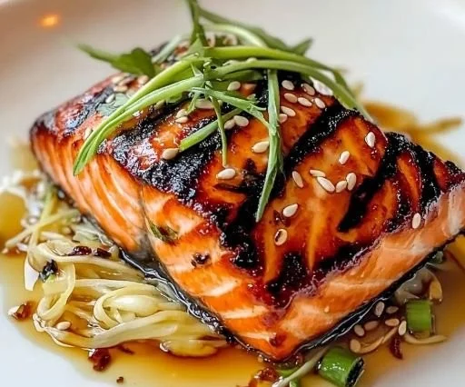 Delicious Nobu Miso Salmon topped with green onions and sesame seeds on a plate.