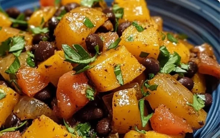 One-Pot Butternut Squash and Black Bean Dinner served in a bowl