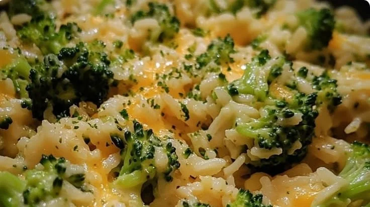 Creamy broccoli cheddar rice in a pot, garnished with fresh broccoli florets.
